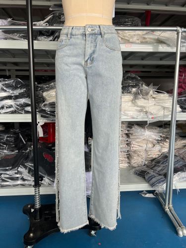 High waisted straight tube loose fitting jeans with diamond panel side hollowed out wide leg mop pants
