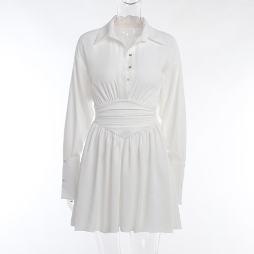 Slim fitting waistband button short pleated skirt long sleeved shirt dress