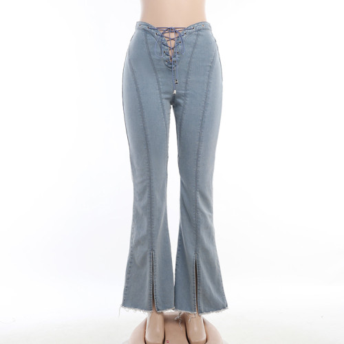 High waisted sexy strap cut out split jeans