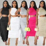 Women's sexy tight fitting tassel sleeveless two-piece dress set