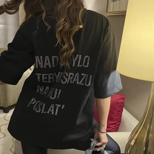 Letter printed hot diamond oversized T-shirt for women's casual outerwear with 5/4 sleeves top