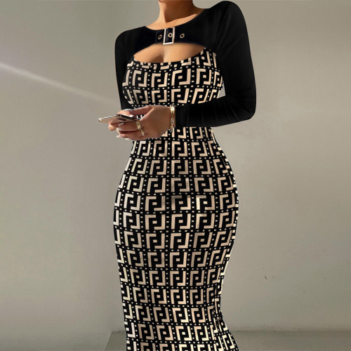 Printed buckle embellished hollowed out tight buttocks dress