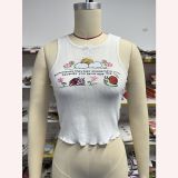 Embroidered printed short tank top with slim fit and exposed navel top