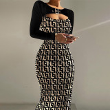 Printed buckle embellished hollowed out tight buttocks dress