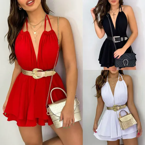 Women's Solid Color Ruffle Edge Sexy Slim Fit Hollow Open Back Hanging Neck Chiffon Dress