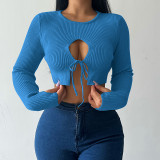 Knitted basic round neck hollowed out long sleeved top