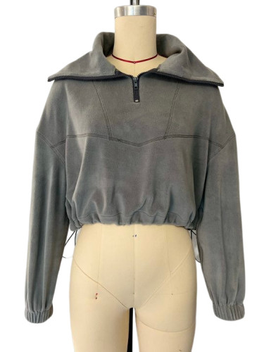 Versatile suede top with warm zipper lapel and drawstring short hoodie