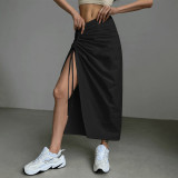 Solid color versatile slim drawstring pleated split skirt