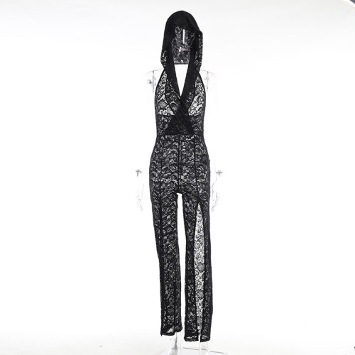 Lace Hooded Sexy Perspective Slim Fit Spicy Girl One Piece Pants