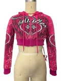 Personalized printed open navel short hooded sweater with long sleeve zipper short jacket