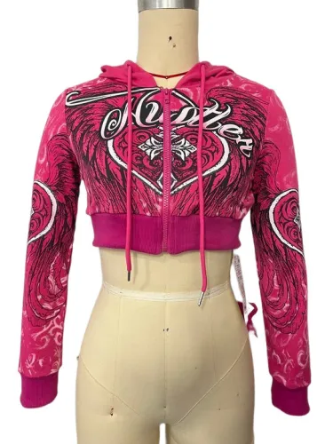 Personalized printed open navel short hooded sweater with long sleeve zipper short jacket