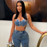 Wrapped chest strap with diamond bra denim women's top