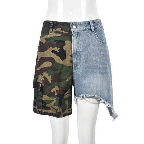 Fashion denim tassel personalized patchwork camouflage shorts