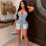 Sexy hollow and torn zipper short chest wrapped denim jumpsuit