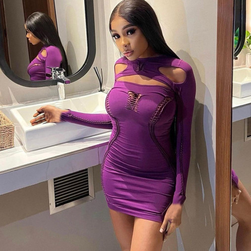 Sexy long sleeved hollowed out round neck pullover nightclub style ultra short dress for women