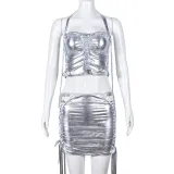Women's elastic hanging neck wrap chest top short skirt wearing rope two-piece set