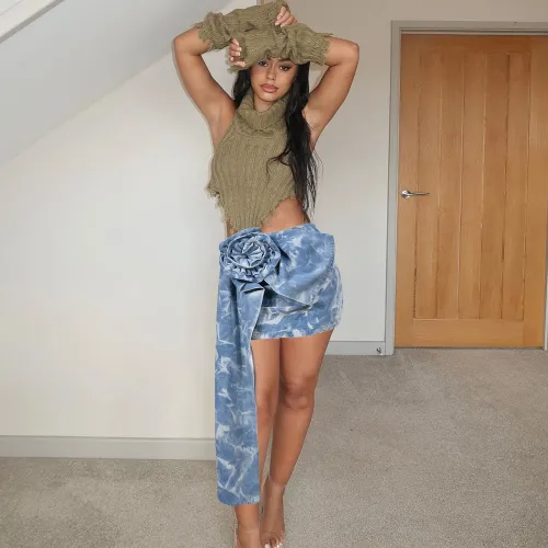 Tie dyed three-dimensional decorative wash denim skirt