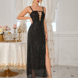 Elegant Dress Cutout High Split Sequin Strap Evening Dress