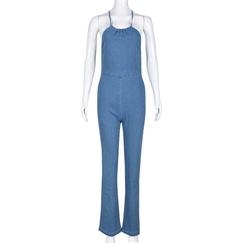 Sexy Backless Lace up Split Washed Denim jumpsuit