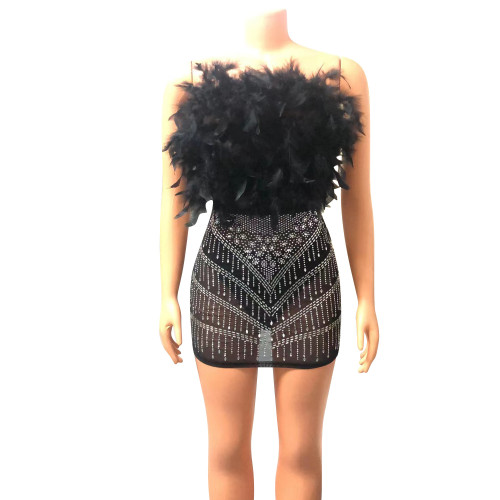 Women's Sexy Feather Mesh Hot Diamond Wrapped Chest Dress