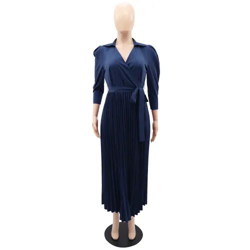 Long sleeved Polo neck high waisted pleated women's dress