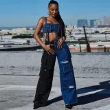 Open navel pocket zippered denim strap top