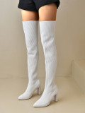 Pointed thick heeled knitted knee boots, oversized elastic wool socks, long boots