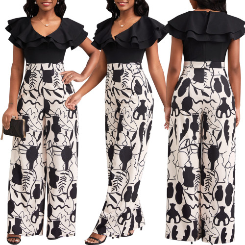 Digital printed short sleeved V-neck women's jumpsuit