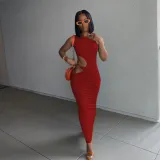 Casual solid color tight side opening open buttocks sleeveless dress