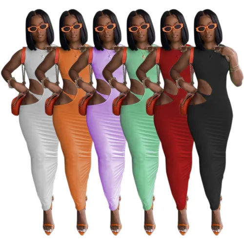 Casual solid color tight side opening open buttocks sleeveless dress
