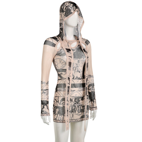 Printed design with irregular hollow out hooded long sleeved pullover and tight fitting dress short skirt