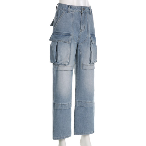 High waisted zipper split panel multi pocket straight tube loose fitting street fashion denim pants