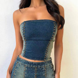 Split and patchwork washable gradient nail bead heavy industry basic chest wrap top half body short skirt sexy denim set