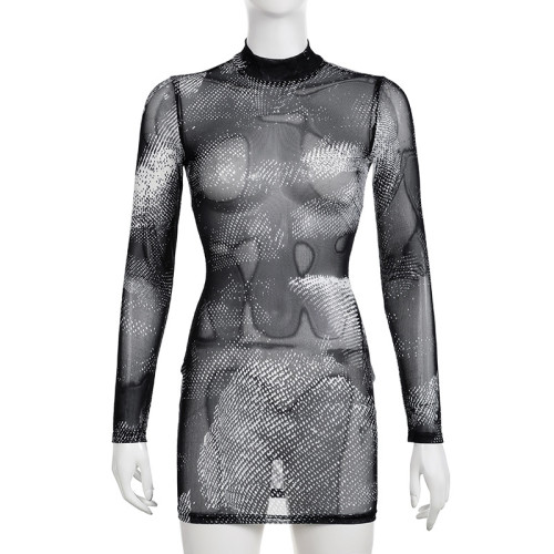 Fine glitter printed mesh perspective half high neck long sleeved tight fitting buttocks style commuting dress short skirt