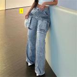 High waisted zipper split panel multi pocket straight tube loose fitting street fashion denim pants