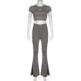 Basic solid color minimalist pullover with exposed navel T-shirt, high waisted micro flared pants, casual sports yoga two-piece set