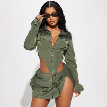 Bright woven shirt collar single breasted long sleeved jumpsuit+irregular pocket half skirt special work outfit two-piece set