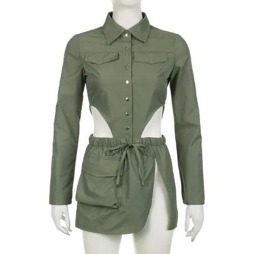 Bright woven shirt collar single breasted long sleeved jumpsuit+irregular pocket half skirt special work outfit two-piece set