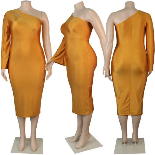 Women's diagonal shoulder long short sleeved slim fitting strapping dress