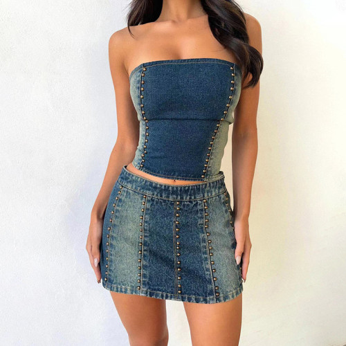 Split and patchwork washable gradient nail bead heavy industry basic chest wrap top half body short skirt sexy denim set