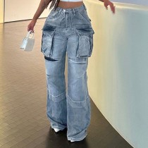 High waisted zipper split panel multi pocket straight tube loose fitting street fashion denim pants