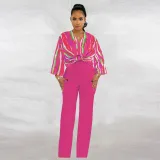 V-neck printed top solid straight leg pants set