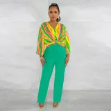 V-neck printed top solid straight leg pants set