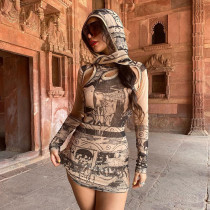 Printed design with irregular hollow out hooded long sleeved pullover and tight fitting dress short skirt