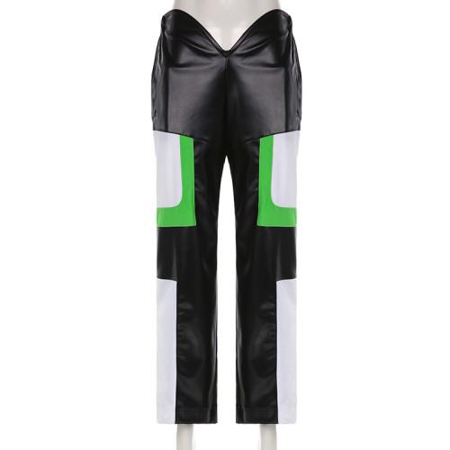 Women's PU leather stitching with contrasting high waisted V-head slim fitting straight tube fashionable motorcycle street pants
