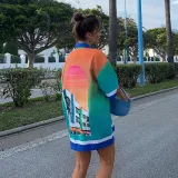 Women's gradient striped patchwork contrast printed lapel single breasted loose casual vacation shirt