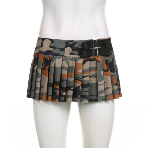 Camouflage Print Neck Hanging Triangle Cup Chest High Waist Split Short Pleated Short Skirt Sexy Bikini Set