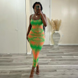 Tie dyed gradient contrast printed U-neck sleeveless tight fitting buttocks sexy basic simple strap long dress