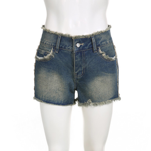 Women's back letter printed high waisted zipper with matted vintage basic fashion denim shorts