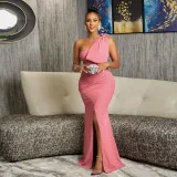 Sexy Slim Fit Solid Color Powdered Hot Diamond Split Floor Dragging Bow Tie Dress